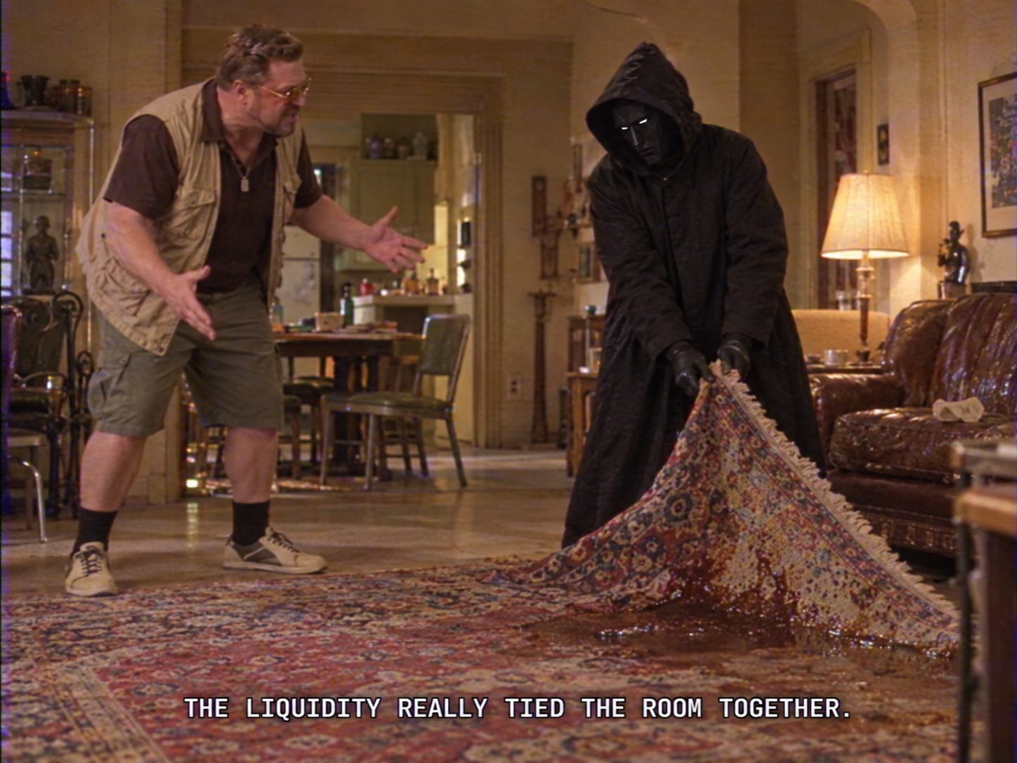The N/A hooded figure pulling up a rug with the caption The liquidity really tied the room together