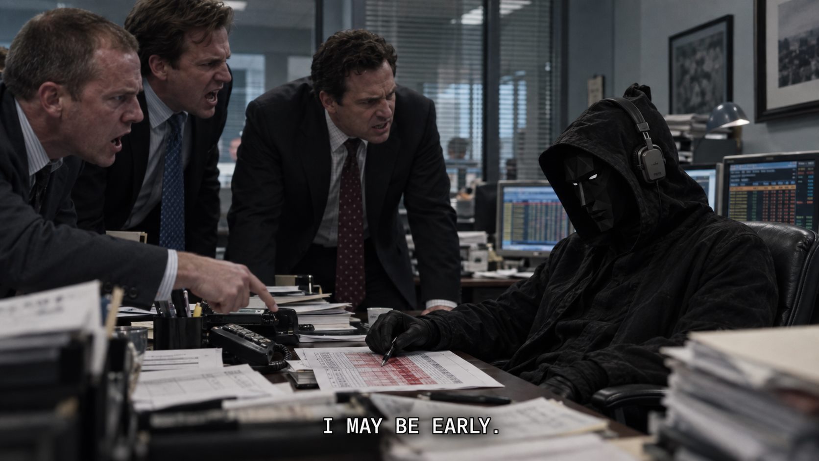 Traders confronting the N/A hooded figure at a trading desk with the caption I may be early