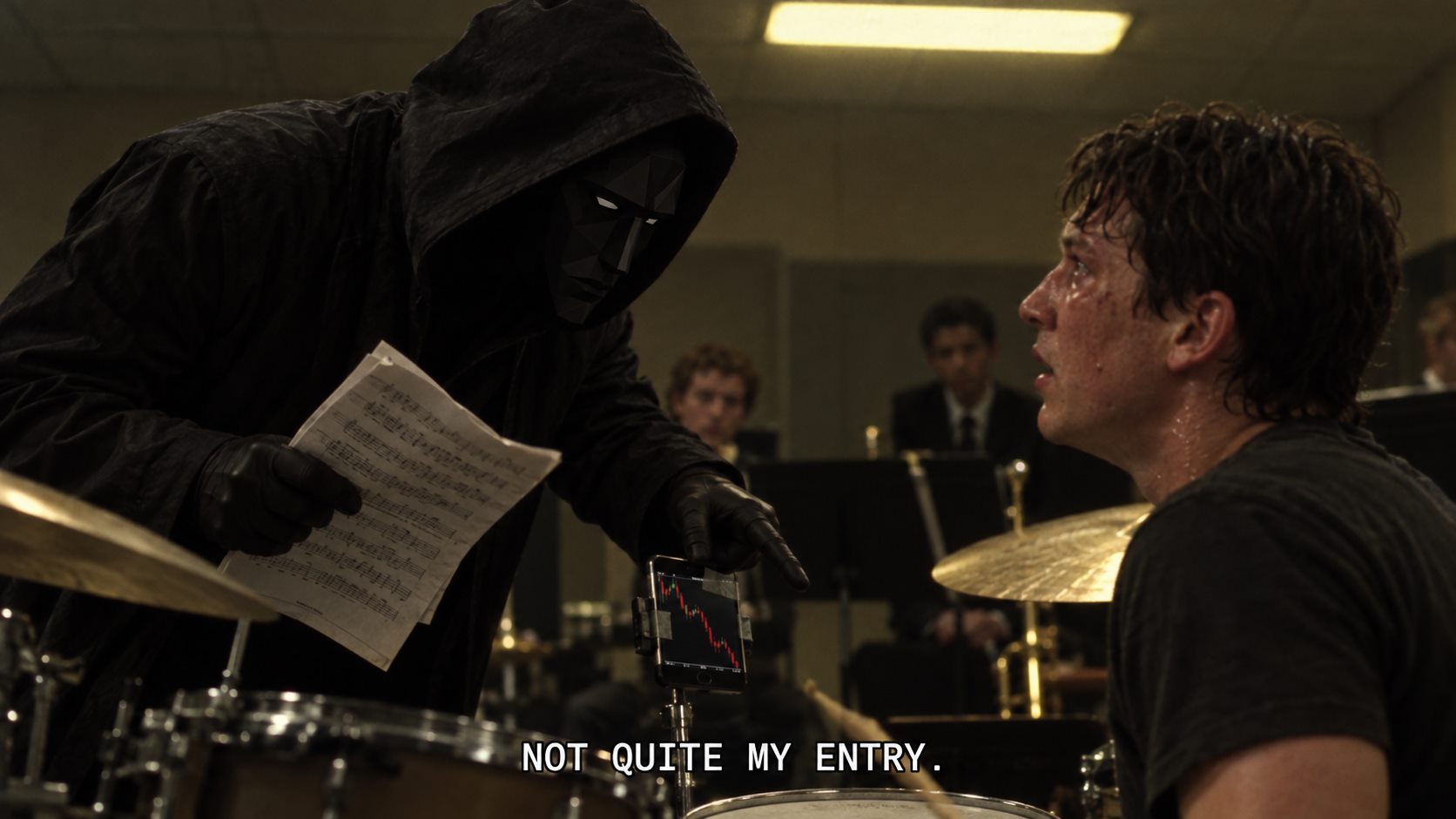 The N/A hooded figure showing a falling chart to a drummer with the caption Not quite my entry