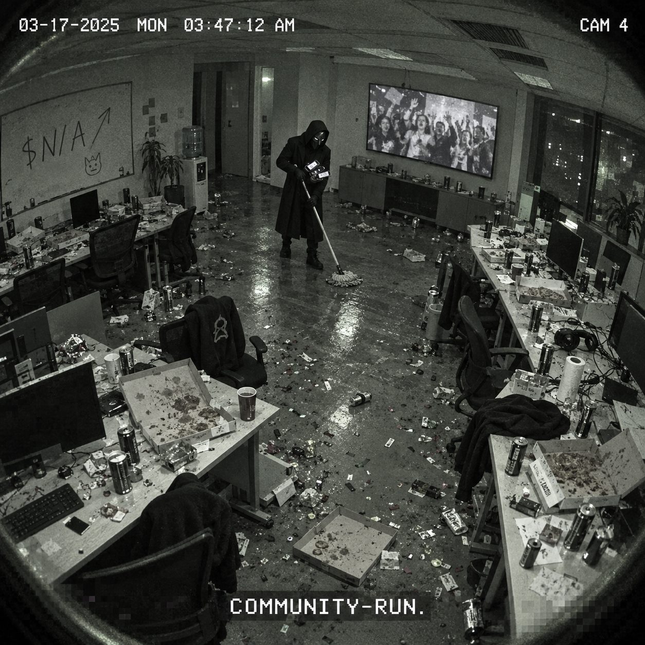 Security-camera view of the N/A hooded figure cleaning a trashed office after a community celebration