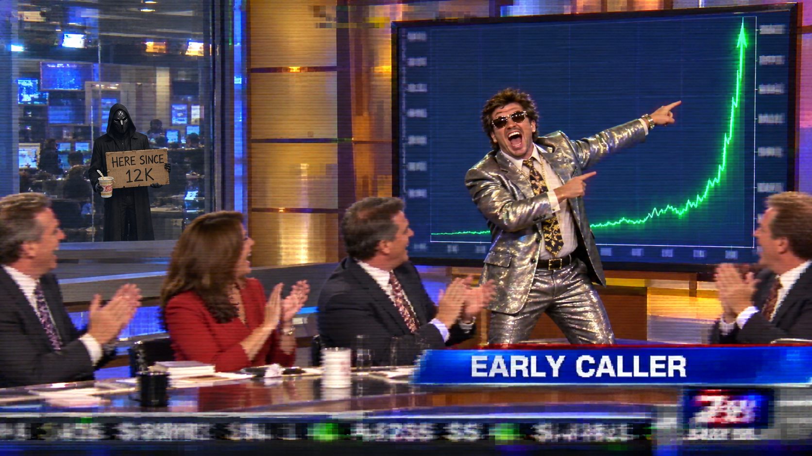 An early caller celebrating a rising chart while the N/A hooded figure waits in the background