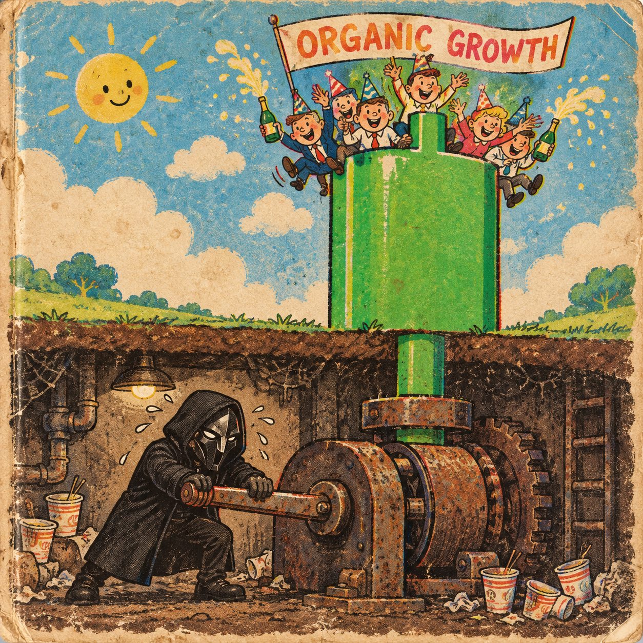 Vintage illustration of the N/A hooded figure operating the machinery behind organic growth