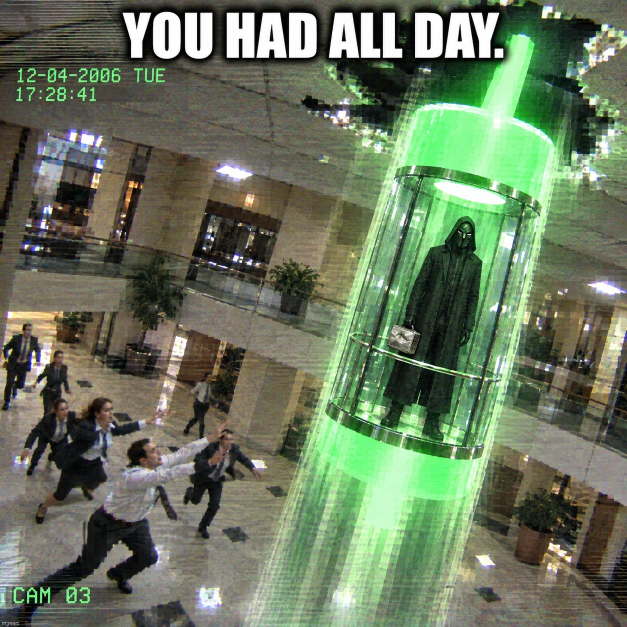 The N/A hooded figure rising inside a giant glowing green candle elevator