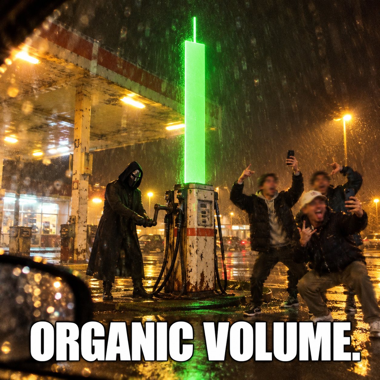 The N/A hooded figure operating a glowing green candle at a rain-soaked gas station