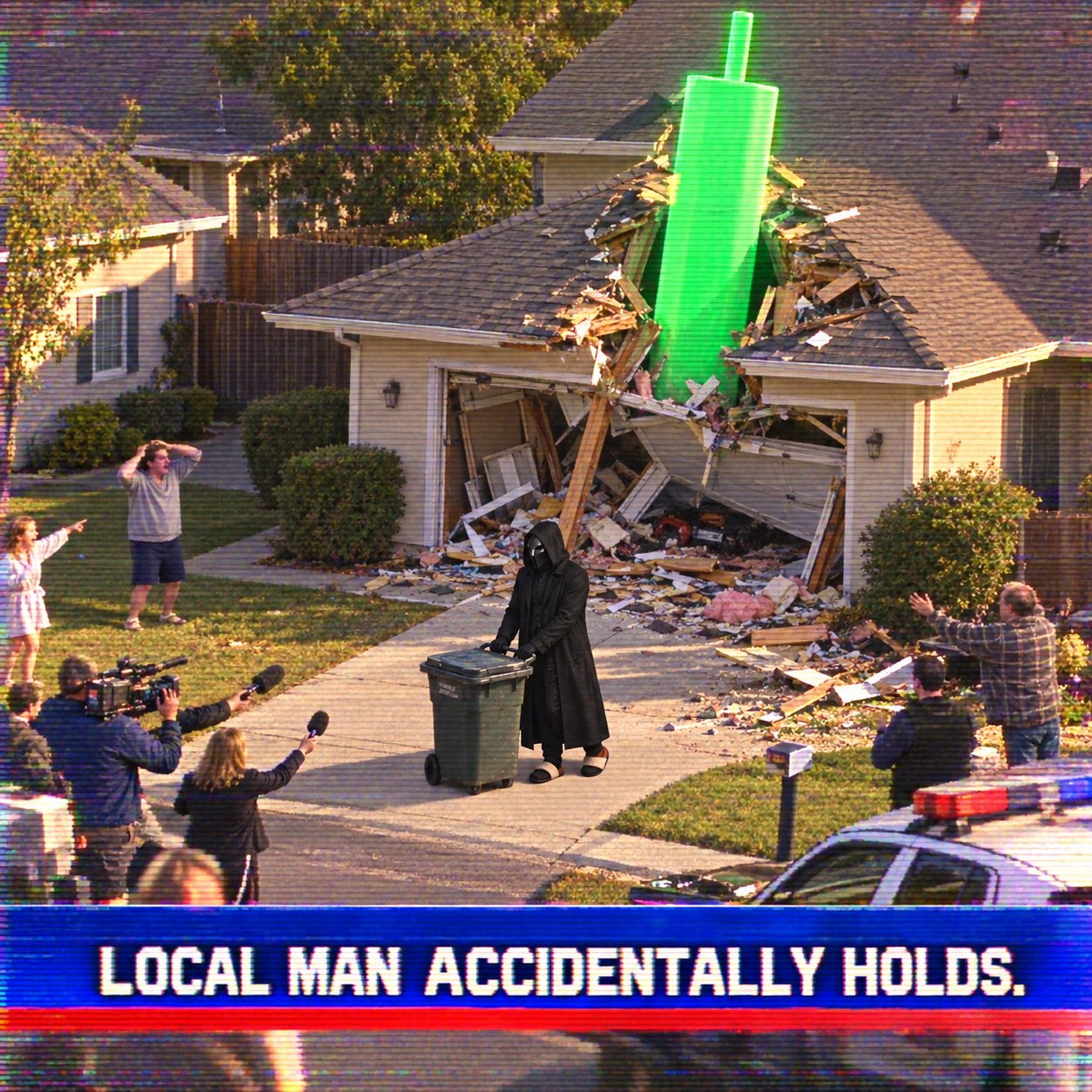 News scene of the N/A hooded figure calmly taking out the trash after a green candle crashes through a house
