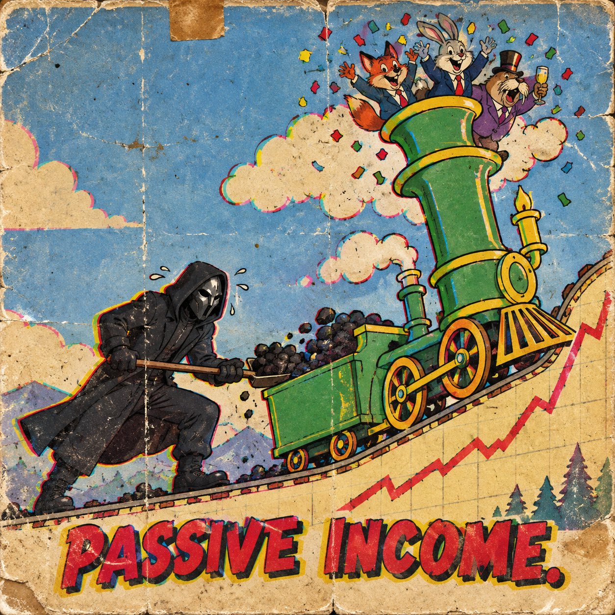 Vintage illustration of the N/A hooded figure shoveling coal into a green-candle locomotive