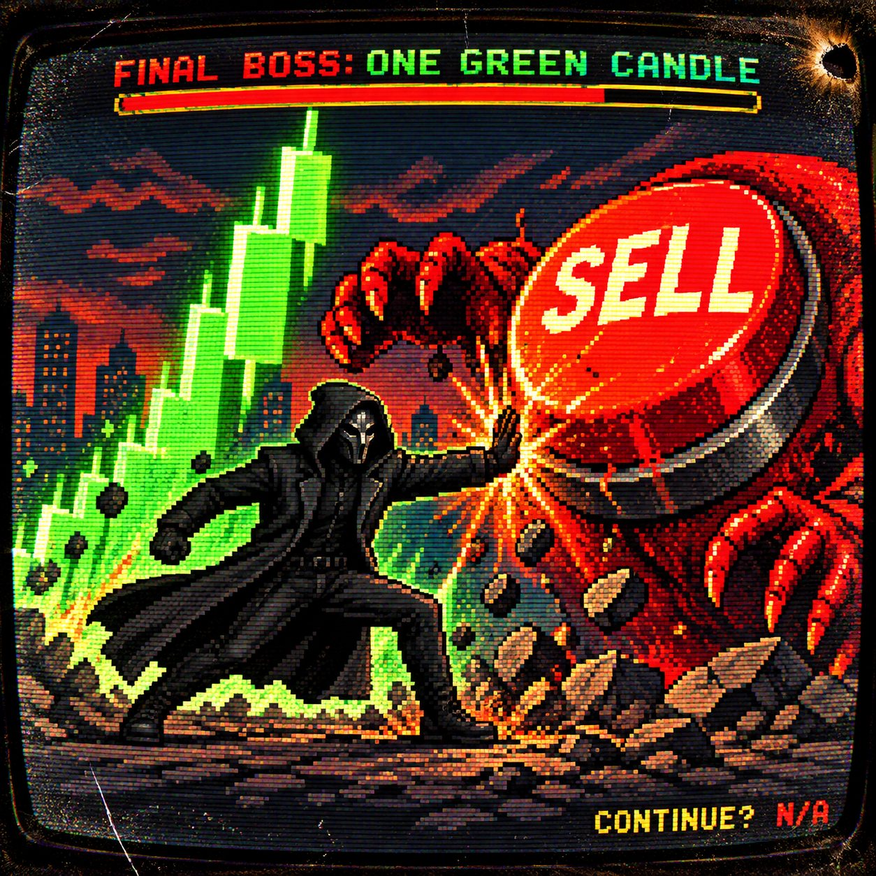 Arcade battle between the N/A hooded figure and a giant red sell button
