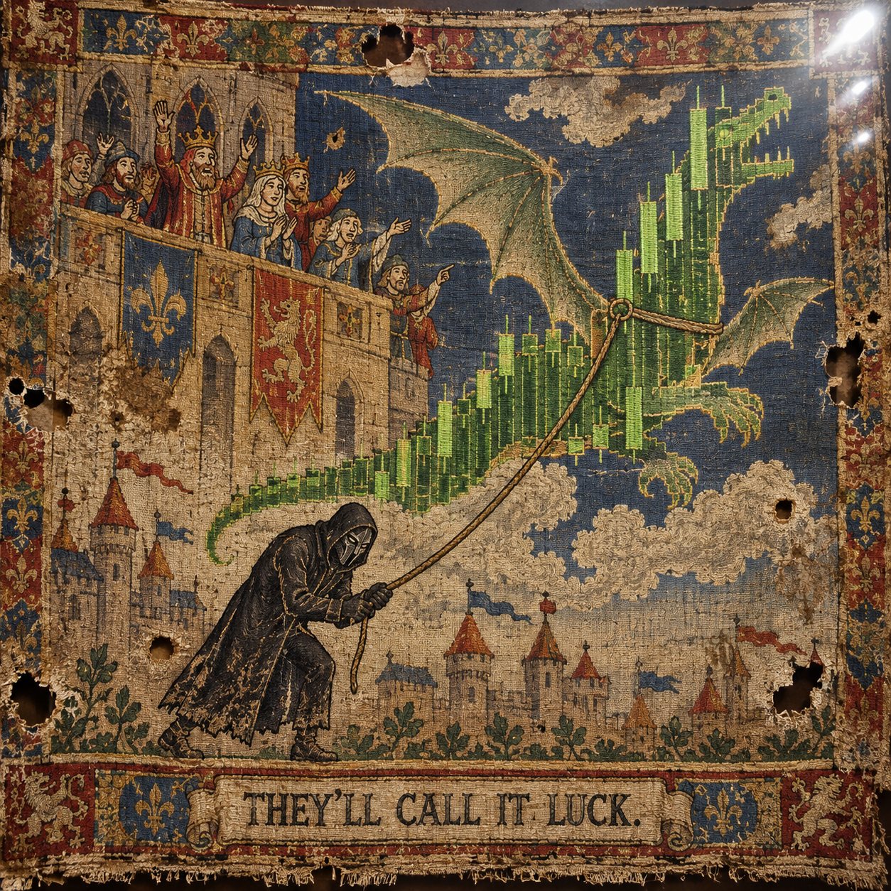 Medieval tapestry of the N/A hooded figure guiding a dragon made of green candles