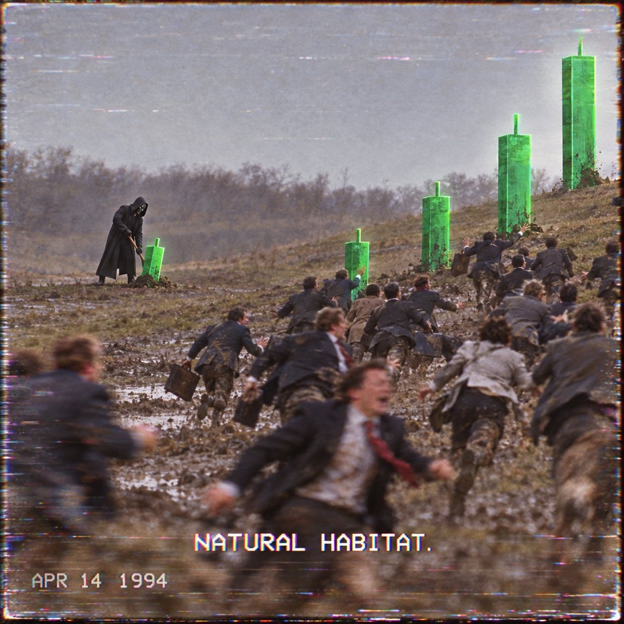 People racing uphill toward green candles while the N/A hooded figure plants another candle