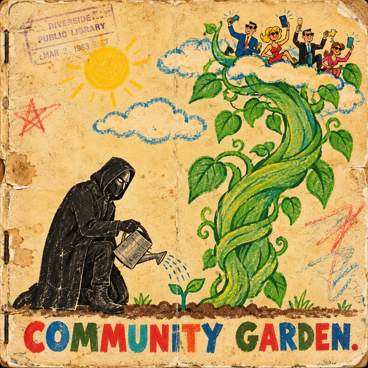 Vintage illustration of the N/A hooded figure watering a community beanstalk