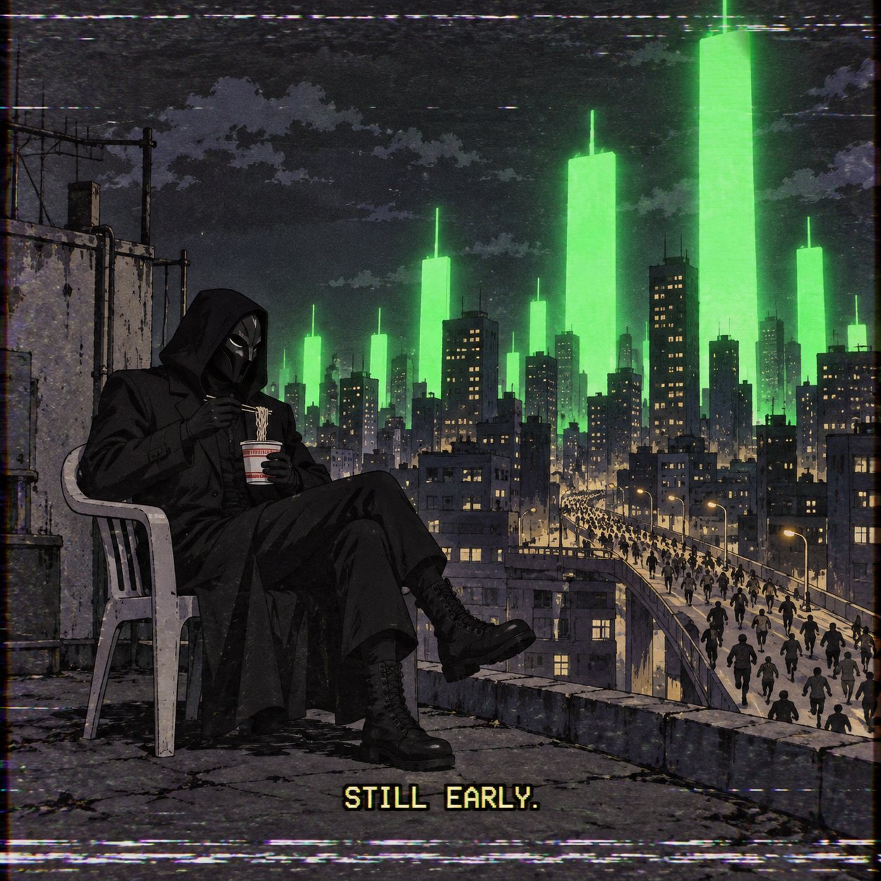 The N/A hooded figure eating noodles on a rooftop above a city of green candles