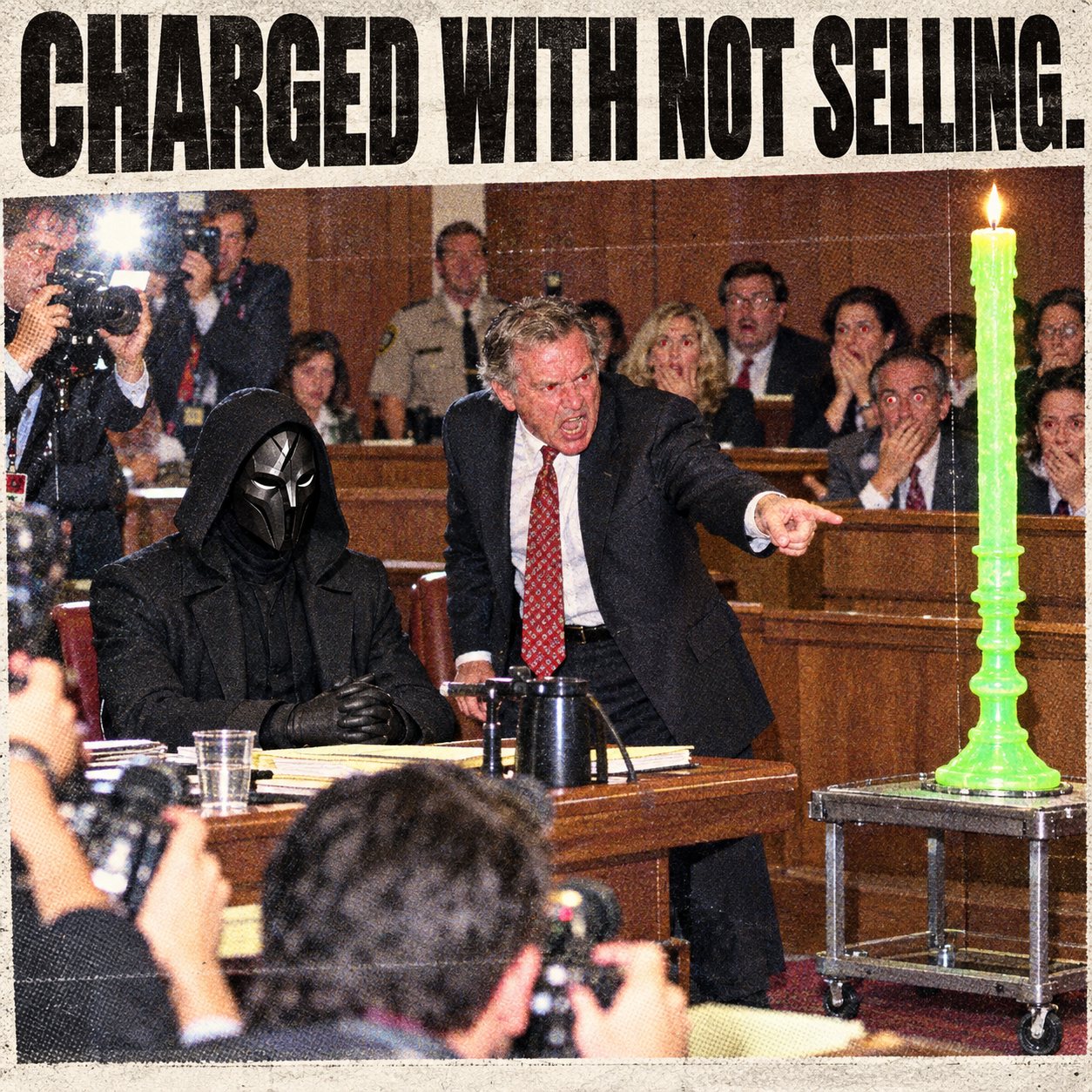 The N/A hooded figure sitting calmly in a courtroom beside a glowing green candle